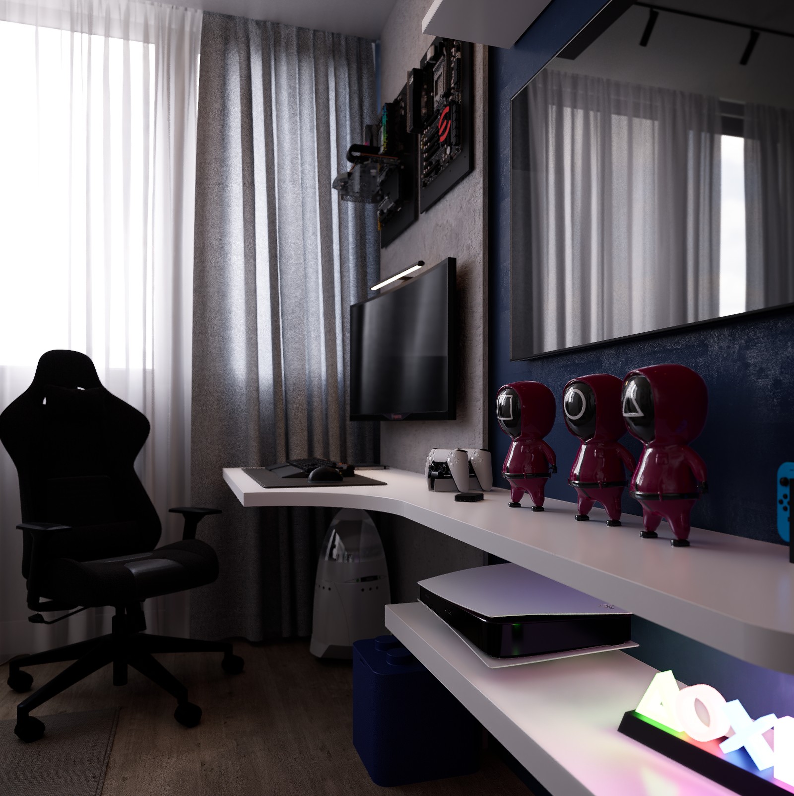 Chambre gaming avec éclairage éteint — ambiance sombre et feutrée
