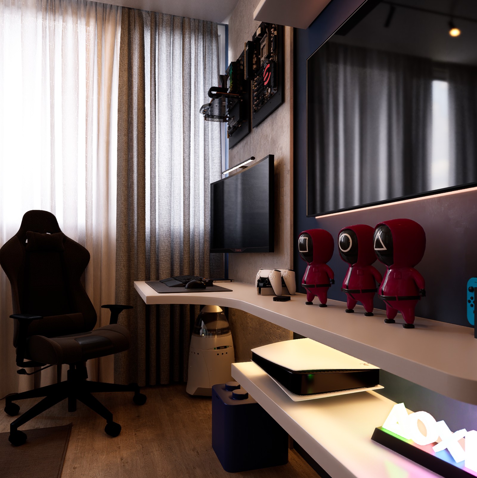 Chambre gaming avec éclairage RGB allumé — spots, bandeau LED et lampe d'ambiance actifs
