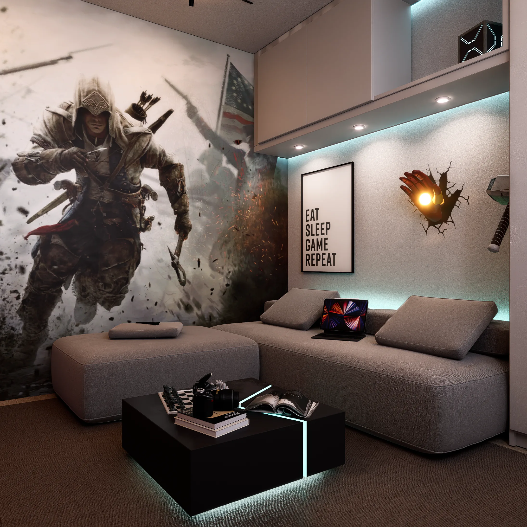 Setup complet — TV, PS5 et étagères avec déco Marvel