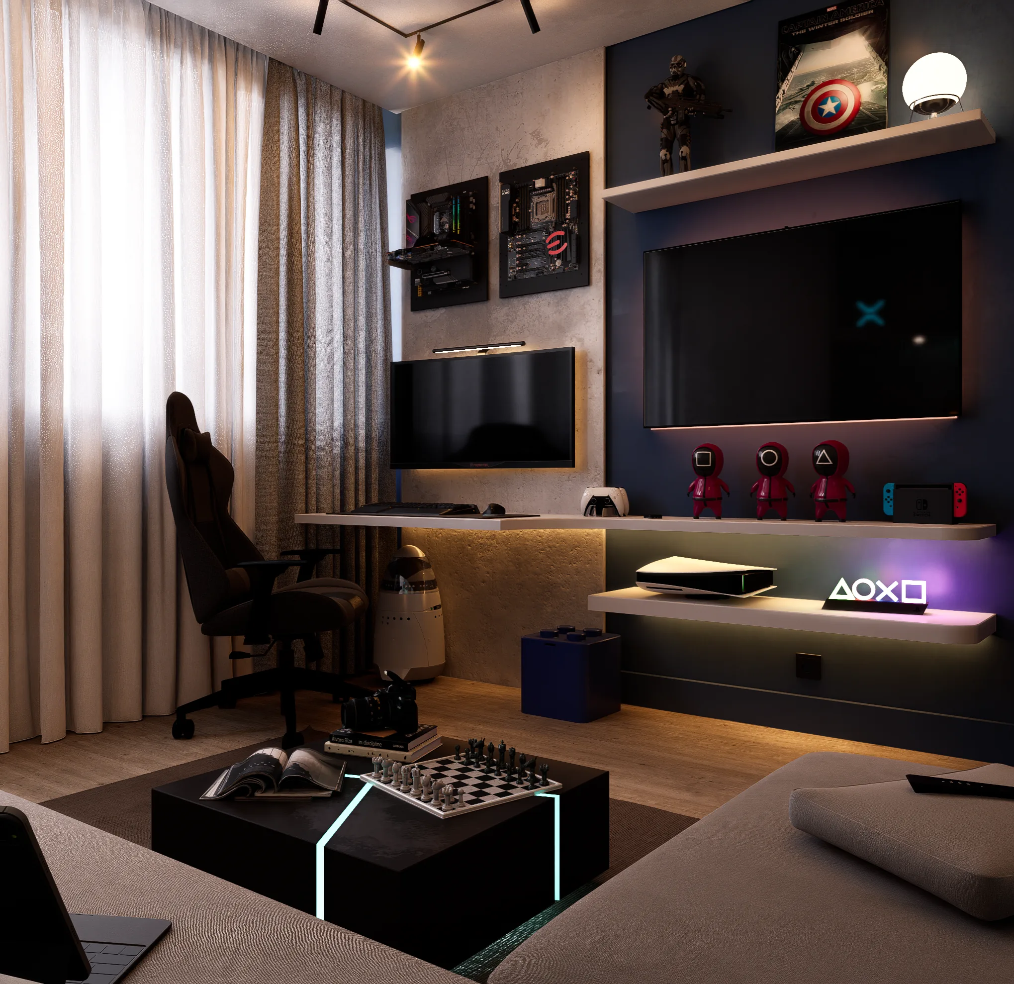 Bureau gaming — vue de dessus avec clavier mécanique et setup