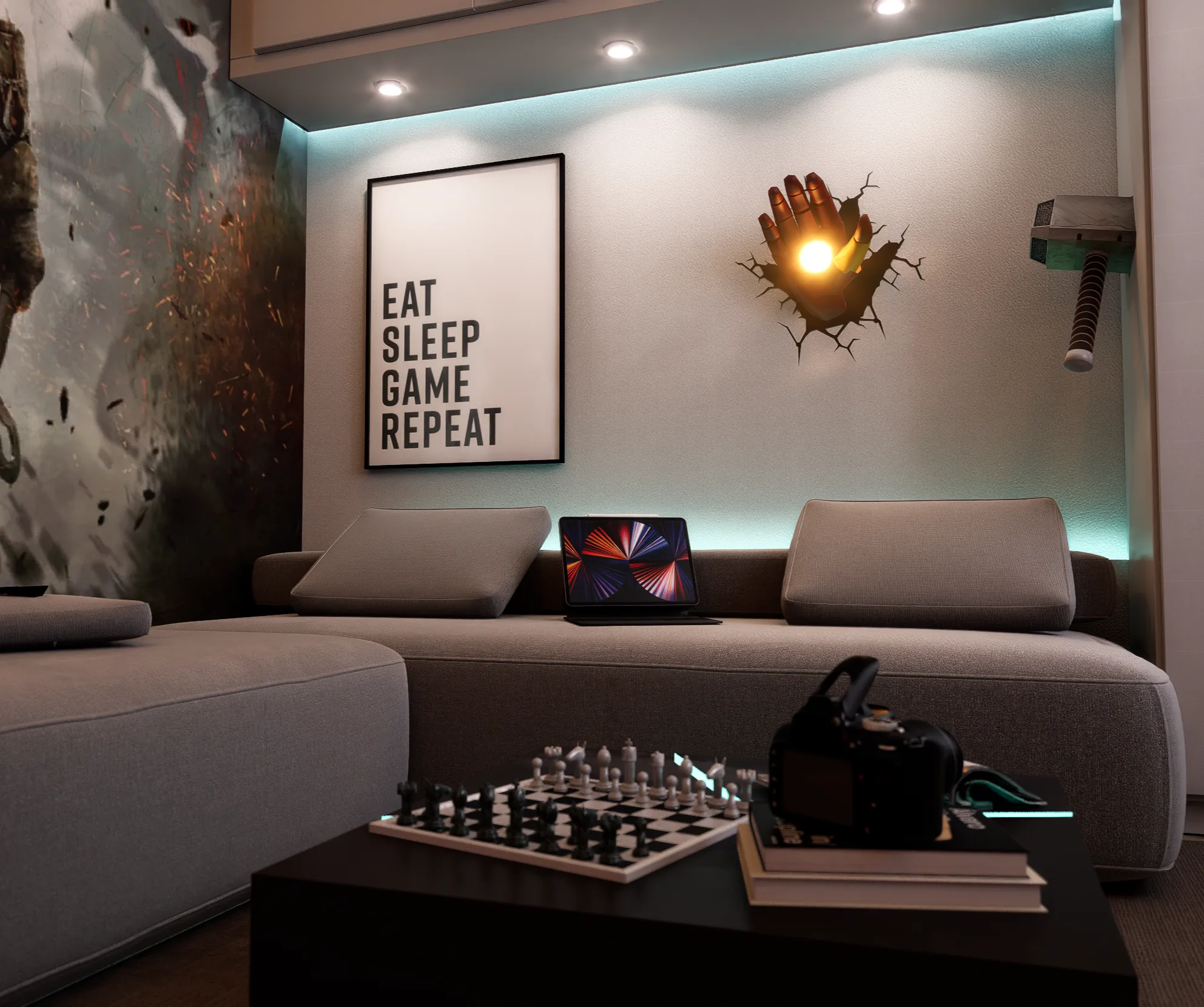 Salon gaming — vue frontale avec mural et canapé modulaire