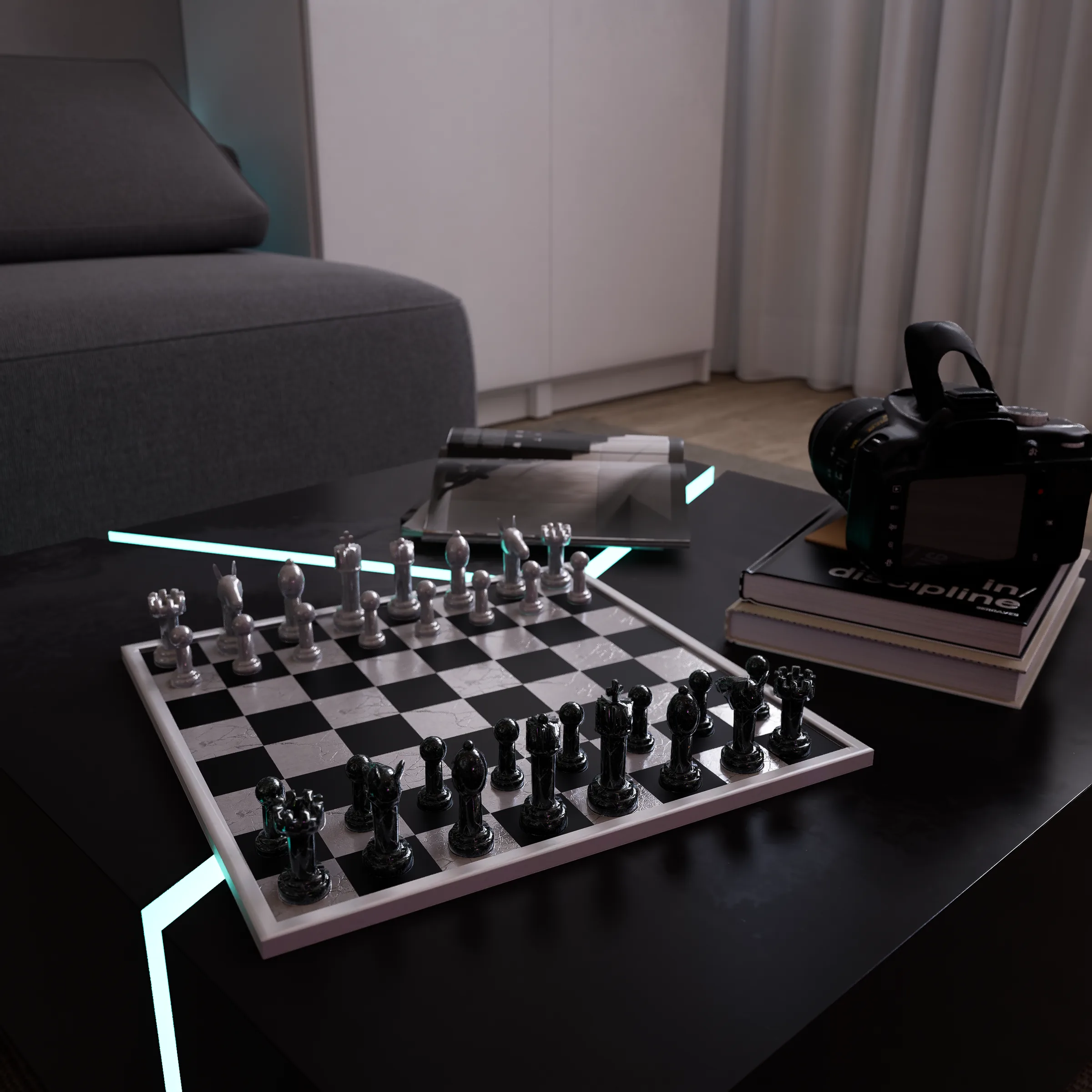 Ambiance sombre — salon gaming avec éclairage de nuit
