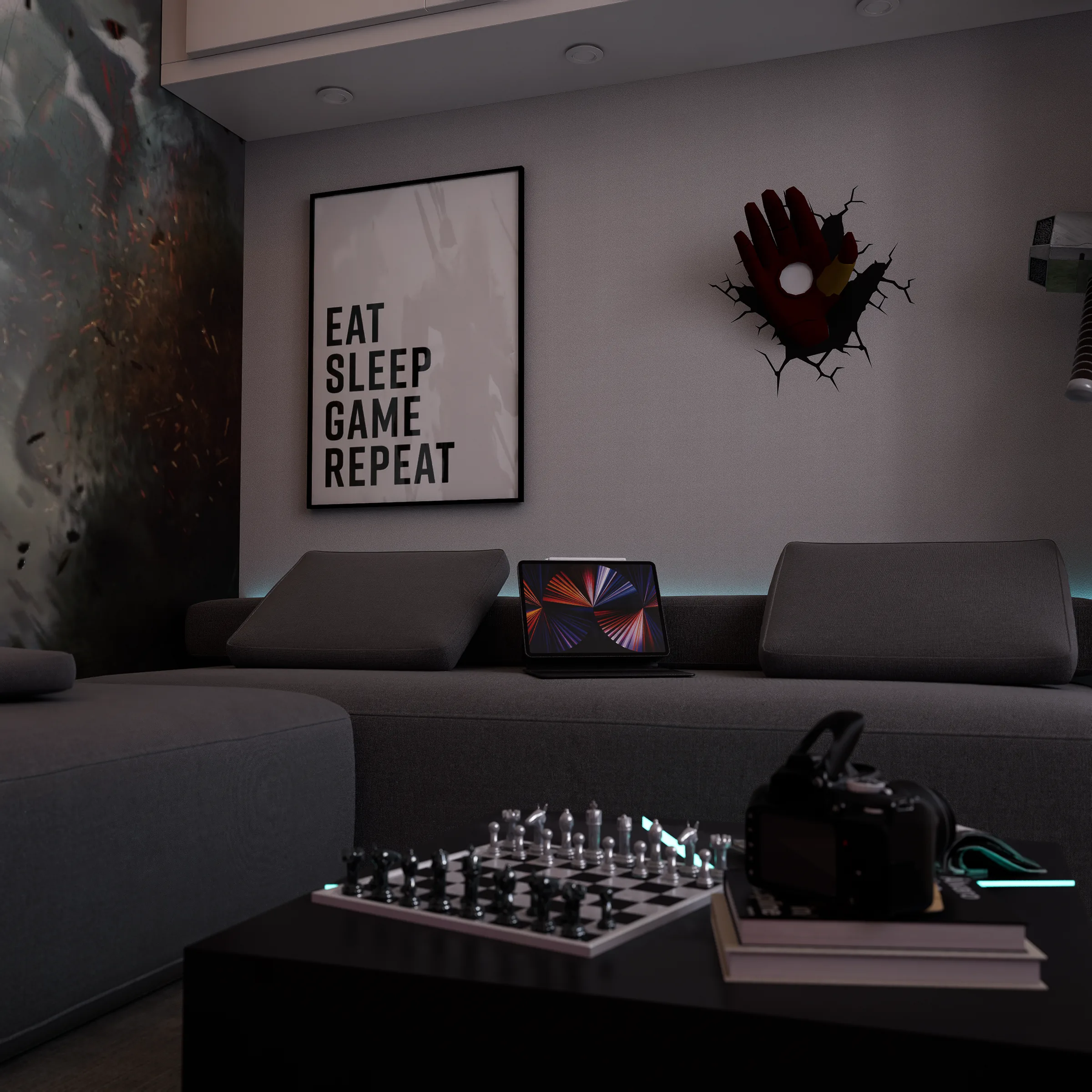 Détail — figurines Squid Game sur le bureau gaming