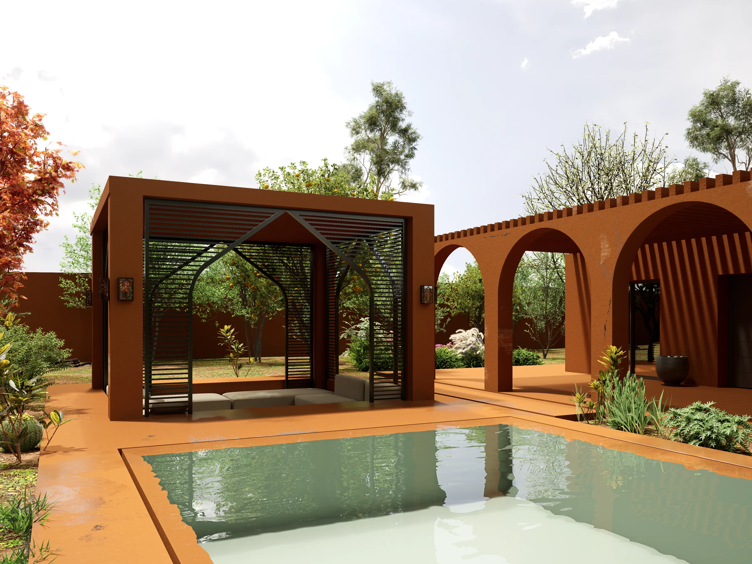 Salon de jardin — pergola et arches marocaines