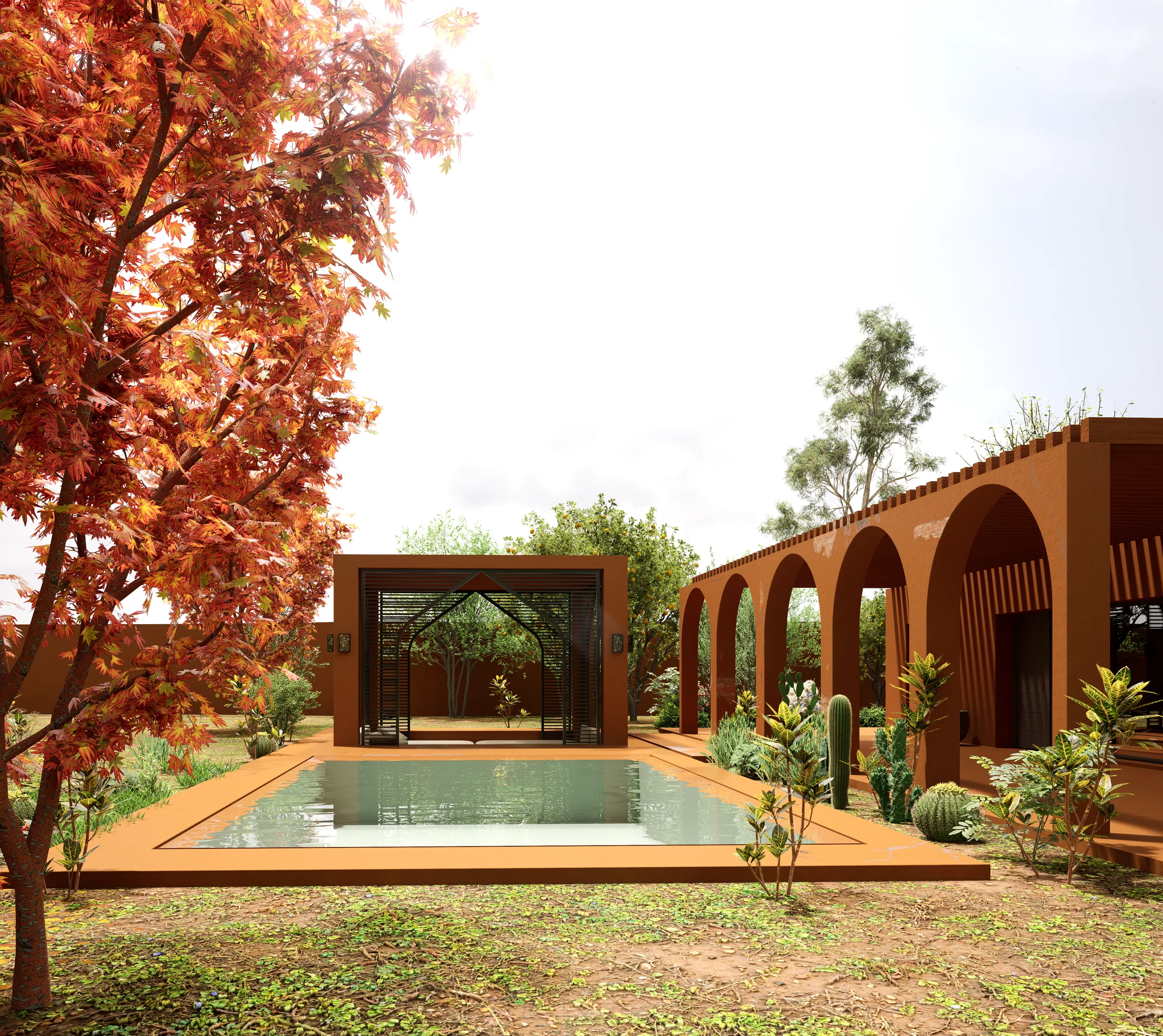 Vue de face — pergola et arches intégrées