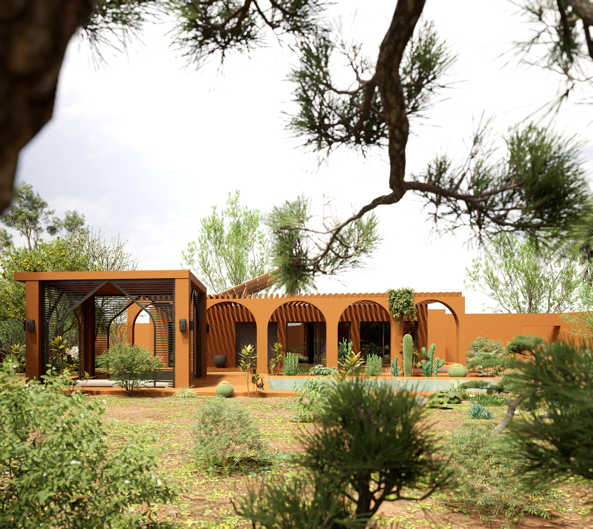 Vue frontale variante — jardin et arcades